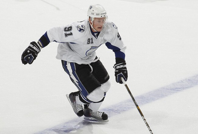 SUNRISE, FL - OCTOBER 1: Steven Stamkos #91 of the Tampa Bay Lightning caries the puck over the blue line against the Florida Panthers during a pre season game on October 1, 2010 at the BankAtlantic Center in Sunrise, Florida. The Lightning defeated the Panthers 2-1 in overtime. (Photo by Joel Auerbach/Getty Images)