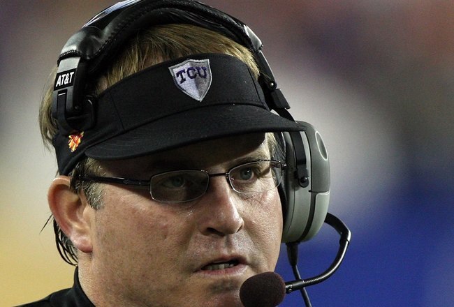 GLENDALE, AZ - JANUARY 04:  Head coach Gary Patterson of the TCU Horned Frogs looks on against the Boise State Broncos during the Tostitos Fiesta Bowl at the Universtity of Phoenix Stadium on January 4, 2010 in Glendale, Arizona.  (Photo by Jed Jacobsohn/Getty Images)