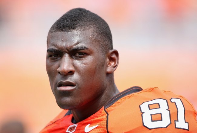STILLWATER, OK - SEPTEMBER 05:  Wide receiver Justin Blackmon #81 of the Oklahoma State Cowboys warms up before the college football game against the Georgia Bulldogs at Boone Pickens Stadium on September 5, 2009 in Stillwater, Oklahoma.  The Cowboys defeated the Bulldogs 24-10.  (Photo by Christian Petersen/Getty Images)