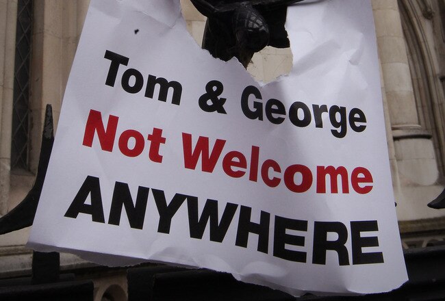 LONDON, ENGLAND - OCTOBER 13:  A sign placed on the gates of The High Court refers to Liverpool football club owners Tom Hicks and George Gillett on October 13, 2010 in London, England. The court has ruled that the owners of the club, Hicks and Gillett,  have no power to stop the sale of Liverpool FC.   (Photo by Peter Macdiarmid/Getty Images)