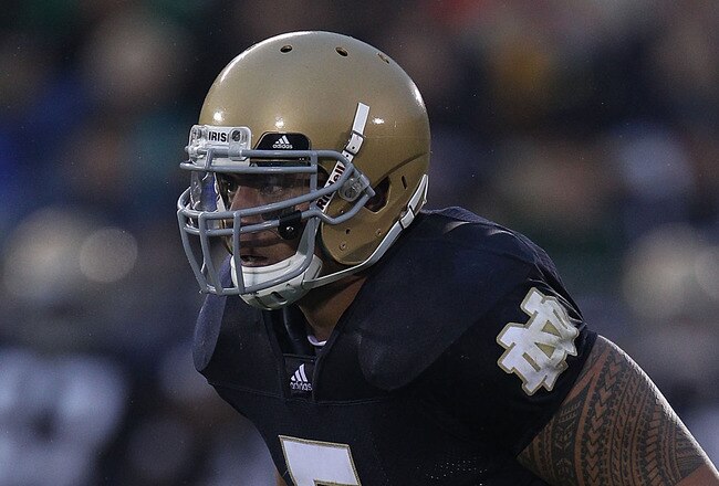 SOUTH BEND, IN - SEPTEMBER 11: Manti Te'o #5 of the Notre Dame Fighting Irish awaits the start of play against the Michigan Wolverines at Notre Dame Stadium on September 11, 2010 in South Bend, Indiana. Michigan defeated Notre Dame 28-24. (Photo by Jonathan Daniel/Getty Images)