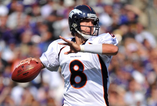 BALTIMORE, MD - OCTOBER 10: Kyle Orton #8 of the Denver Broncos passes against the Baltimore Ravens at M&T Bank Stadium on October 10, 2010 in Baltimore, Maryland. Players wore pink in recognition of Breast Cancer Awareness Month. The Ravens defeated the Broncos 31-17. (Photo by Larry French/Getty Images)