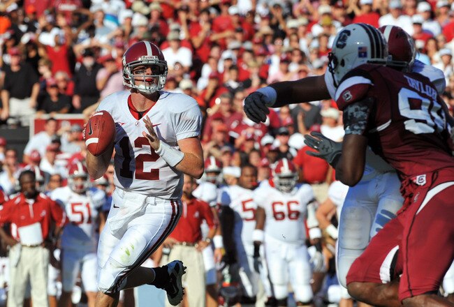 COLUMBIA, SC - OCTOBER 9: Quarterback Greg McElroy of the Alabama Crimson Tide looks to pass in the first half against the South Carolina Gamecocks October 9, 2010 at Williams-Brice Stadium in Columbia, South Carolina.  (Photo by Al Messerschmidt/Getty Images)