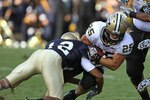SOUTH BEND, IN - SEPTEMBER 04: Dan Dierking #25 of the Purdue Boilermakers is hit by Robert Blanton #12 of the Notre Dame Fighting Irish at Notre Dame Stadium on September 4, 2010 in South Bend, Indiana. Notre Dame defated Purdue 23-12. (Photo by Jonathan Daniel/Getty Images)