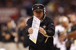 NEW ORLEANS - SEPTEMBER 26:  Head coach Sean Payton of the New Orleans Saints reacts to a call by the officials during the game against the Atlanta Falcons at the Louisiana Superdome on September 26, 2010 in New Orleans, Louisiana.  The Falcons defeated the Saints 27-24.  (Photo by Chris Graythen/Getty Images)