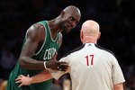 LOS ANGELES, CA - JUNE 17:  Kevin Garnett #5 of the Boston Celtics talks with referee Joe Crawford while taking on the Los Angeles Lakers in Game Seven of the 2010 NBA Finals at Staples Center on June 17, 2010 in Los Angeles, California.  NOTE TO USER: User expressly acknowledges and agrees that, by downloading and/or using this Photograph, user is consenting to the terms and conditions of the Getty Images License Agreement.  (Photo by Christian Petersen/Getty Images)