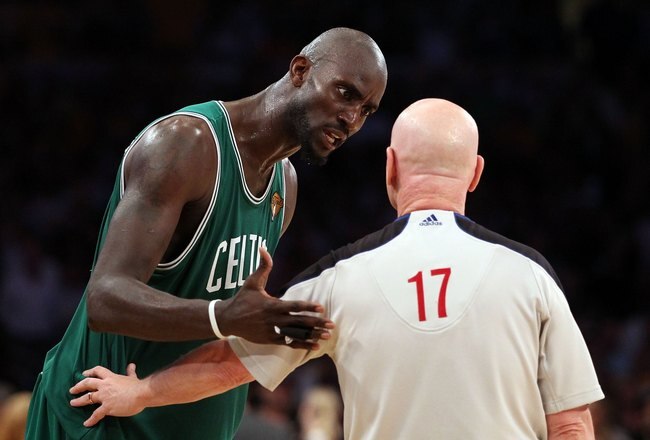 LOS ANGELES, CA - JUNE 17:  Kevin Garnett #5 of the Boston Celtics talks with referee Joe Crawford while taking on the Los Angeles Lakers in Game Seven of the 2010 NBA Finals at Staples Center on June 17, 2010 in Los Angeles, California.  NOTE TO USER: User expressly acknowledges and agrees that, by downloading and/or using this Photograph, user is consenting to the terms and conditions of the Getty Images License Agreement.  (Photo by Christian Petersen/Getty Images)