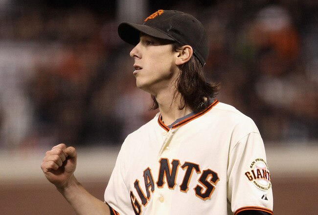 SAN FRANCISCO - OCTOBER 07:  Tim Lincecum #55 of the San Francisco Giants pumps his fist after he got Matt Diaz #23 of the Atlanta Braves to fly out to end the seventh inning with a runner on third base in game 1 of the NLDS at AT&T Park on October 7, 2010 in San Francisco, California.  (Photo by Ezra Shaw/Getty Images)