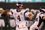 EAST RUTHERFORD, NJ - OCTOBER 11:  Brett Favre #4 of the Minnesota Vikings throws a pass against the New York Jets at New Meadowlands Stadium on October 11, 2010 in East Rutherford, New Jersey.  (Photo by Jim McIsaac/Getty Images)