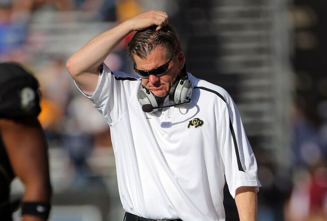 BOULDER, CO - NOVEMBER 07:  Head coach Dan Hawkins leads the Colorado Buffaloes against the Texas A&M Aggies during NCAA college football action at Folsom Field on November 7, 2009 in Boulder, Colorado. Colorado defeated Texas A&M 35-34.  (Photo by Doug Pensinger/Getty Images)