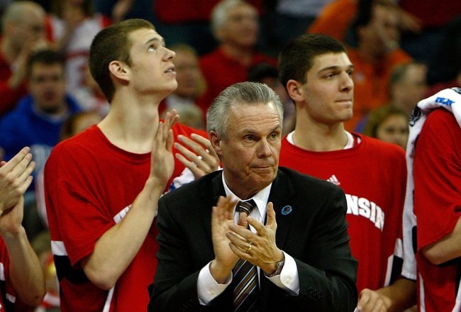 OMAHA, NE - MARCH 22:  Head coach Bo Ryan of the Wisconsin Badgers applauds his teams' play against the Kansas State Wildcats during the Midwest Region second round of the 2008 NCAA Men's Basketball Tournament on March 22, 2008 at the Qwest Center in Omaha, Nebraska.  (Photo by Jamie Squire/Getty Images)