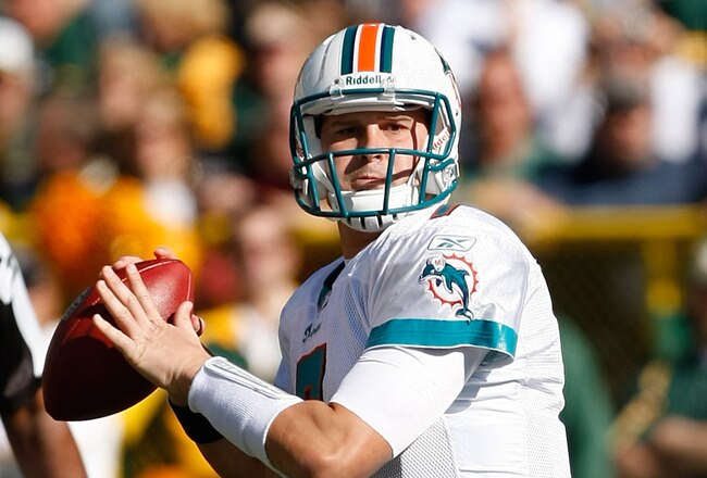 GREEN BAY, WI - OCTOBER 17: Chad Henne #7 of the Miami Dolphins passes against the Green Bay Packers at Lambeau Field on October 17, 2010 in Green Bay, Wisconsin. (Photo by Scott Boehm/Getty Images)