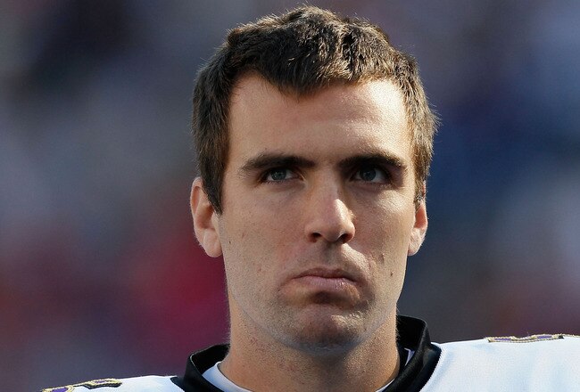 FOXBORO, MA - OCTOBER 17:  Joe Flacco #5 of the Baltimore Ravens paces the sideline in the second half during a game against the New England Patriots before a game at  at Gillette Stadium on October 17, 2010 in Foxboro, Massachusetts. (Photo by Jim Rogash/Getty Images)