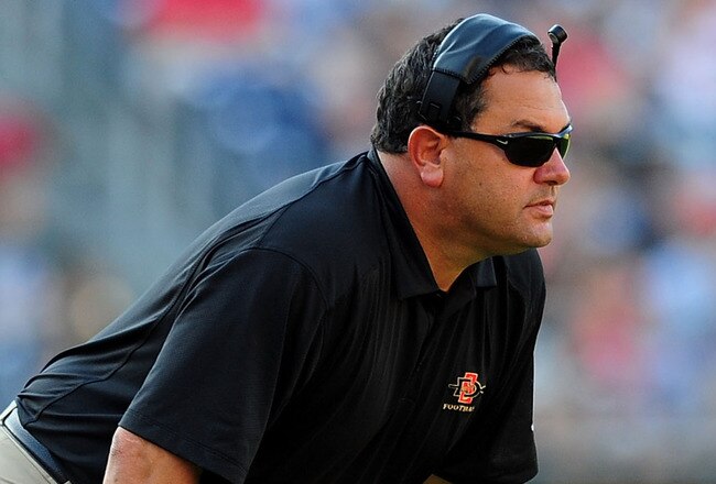 SAN DIEGO - OCTOBER 17:  Head Coach Brady Hoke of San Diego State Aztecs watches his players as they play BYU Cougars at Qualcomm Stadium on October 17, 2009 in San Diego, California.  (Photo by Jacob de Golish/Getty Images)