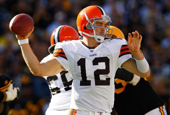 PITTSBURGH - OCTOBER 17:  Colt McCoy #12 of the Cleveland Browns makes a pass against the Pittsburgh Steelers during the game on October 17, 2010 at Heinz Field in Pittsburgh, Pennsylvania.  (Photo by Jared Wickerham/Getty Images)