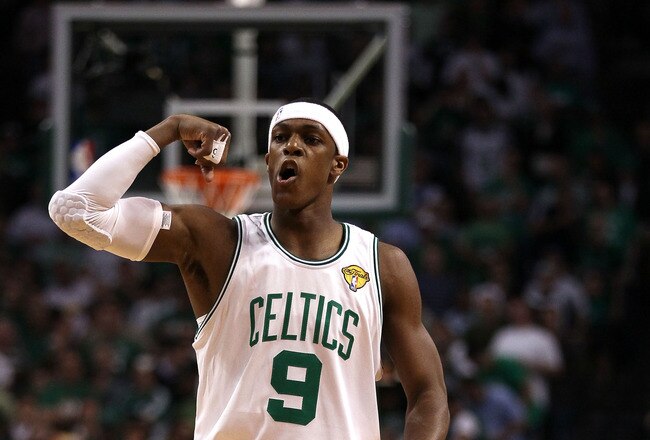 BOSTON - JUNE 08:  Rajon Rondo #9 of the Boston Celtics calls out a play on offense against the Los Angeles Lakers in Game Three of the 2010 NBA Finals on June 8, 2010 at TD Garden in Boston, Massachusetts. NOTE TO USER: User expressly acknowledges and agrees that, by downloading and/or using this Photograph, user is consenting to the terms and conditions of the Getty Images License Agreement.  (Photo by Elsa/Getty Images)