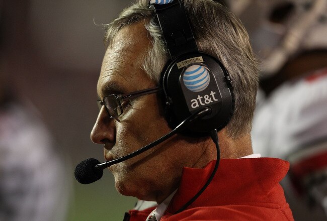 MADISON, WI - OCTOBER 16: Head coach Jim Tressel of the Ohio State Buckeyes watches as his team takes on the Wisconsin Badgers at Camp Randall Stadium on October 16, 2010 in Madison, Wisconsin. Wisconsin defeated Ohio State 31-18. (Photo by Jonathan Daniel/Getty Images)
