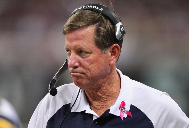 ST. LOUIS - OCTOBER 17: Head Coach Norv Turner of the San Diego Chargers looks on from the sideline against the St. Louis Rams at the Edward Jones Dome on October 17, 2010 in St. Louis, Missouri.  The Rams beat the Chargers 20-17.  (Photo by Dilip Vishwanat/Getty Images)