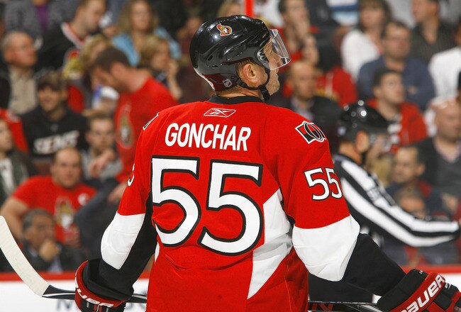 OTTAWA, ON - OCTOBER 08:   Sergei Gonchar #55 of the Ottawa Senators looks up to the scoreboard during a game aginst the Buffalo Sabres at Scotiabank Place on October 8, 2010 in Ottawa, Ontario,  Canada. The Buffalo Sabres defeated the Ottawa Senators 2-1. (Photo by Phillip MacCallum/Getty Images)
