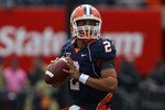 CHAMPAIGN, IL - OCTOBER 02: Nathan Scheelhaase #2 of the Illinois Fighting Illini looks for a receiver against the Ohio State Buckeyes at Memorial Stadium on October 2, 2010 in Champaign, Illinois. Ohio State defeated Illinois 24-13. (Photo by Jonathan Daniel/Getty Images)