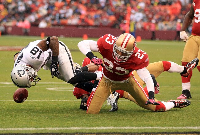 SAN FRANCISCO - OCTOBER 17:  Louis Murphy #18 of the Oakland Raiders fumbles the ball when he was hit by Taylor Mays #23 of the San Francisco 49ers at Candlestick Park on October 17, 2010 in San Francisco, California. Murphy recovered his own fumble on the play. (Photo by Ezra Shaw/Getty Images)