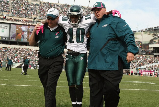 PHILADELPHIA - OCTOBER 17:  DeSean Jackson #10 of the Philadelphia Eagles is helped off the field after being  laid out by Dunta Robinson #23 of the Atlanta Falcons during their game at Lincoln Financial Field on October 17, 2010 in Philadelphia, Pennsylvania.  Both players were injured on the play and had to be helped off the field.  (Photo by Al Bello/Getty Images)