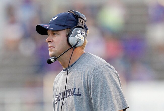 FORT WORTH, TX - OCTOBER 16:  Head coach Bronco Mendenhall of the BYU Cougars heads his team against the TCU Horned Frogs at Amon G. Carter Stadium on October 16, 2010 in Fort Worth, Texas.  TCU beat BYU 31-3.  (Photo by Tom Pennington/Getty Images)