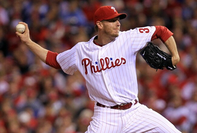 PHILADELPHIA - OCTOBER 16:  Roy Halladay #34 of the Philadelphia Phillies pitches against the San Francisco Giants in Game One of the NLCS during the 2010 MLB Playoffs at Citizens Bank Park on October 16, 2010 in Philadelphia, Pennsylvania.  (Photo by Chris McGrath/Getty Images)