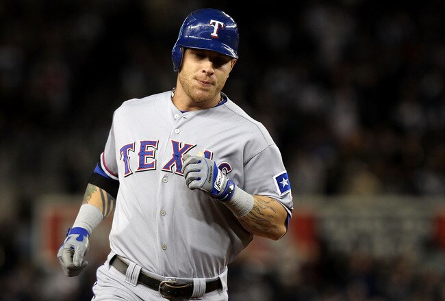 NEW YORK - OCTOBER 18:  Josh Hamilton #32 of the Texas Rangers runs the bases on his 2-run home run in the top of the first inning against the New York Yankees  in Game Three of the ALCS during the 2010 MLB Playoffs at Yankee Stadium on October 18, 2010 in New York, New York.  (Photo by Nick Laham/Getty Images)