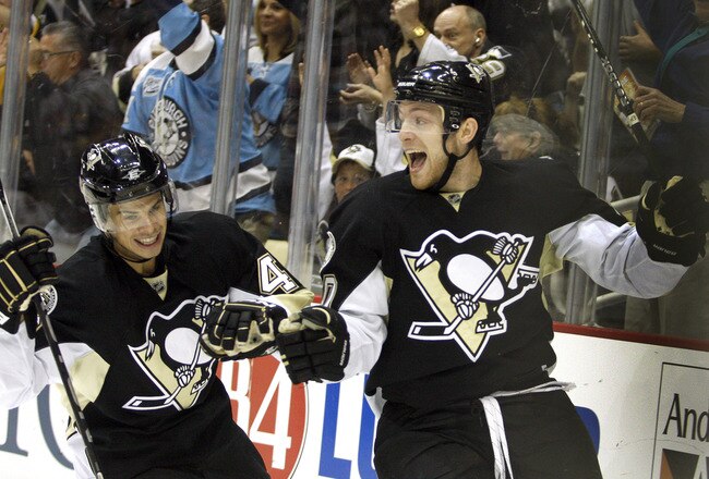 PITTSBURGH - OCTOBER 9:  Mark Letestu #10 of the Pittsburgh Penguins celebrates his third period goal against the Montreal Canadiens at Consol Energy Center on October 9, 2010 in Pittsburgh, Pennsylvania.  The Canadiens defeated the Penguins 3-2.  (Photo by Justin K. Aller/Getty Images)