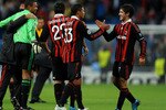 MADRID, SPAIN - OCTOBER 21:  Pato (R) of AC Milan celebrates with his teammate Thiago Silva (2nd R) at the end of the Champions League group C match between Real Madrid and AC Milan at the Estadio Santiago Bernabeu on October 21, 2009 in Madrid, Spain. AC Milan won the match 3-2.  (Photo by Jasper Juinen/Getty Images)