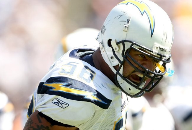 SAN DIEGO - SEPTEMBER 07:  Linebacker Shawne Merriman #56 of the San Diego Chargers exhorts the crowd against the Carolina Panthers on September 7, 2008 at Qualcomm Stadium in San Diego, California. The Panthers won 26-24.  (Photo by Stephen Dunn/Getty Images)