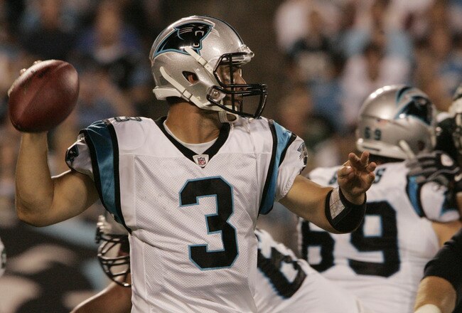CHARLOTTE, NC - AUGUST 21:  Quarterback Matt Moore #3 of the Carolina Panthers throws during a preseason game against the New York Jets at Bank of America Stadium on August 21, 2010 in Charlotte, North Carolina. (Photo by Mary Ann Chastain/Getty Images)