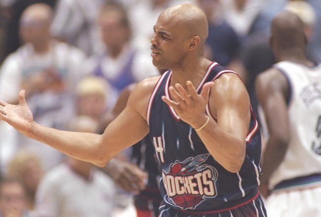27 May 1997:  Forward Charles Barkley of the Houston Rockets walks down the court during a playoff game against the Utah Jazz at the Delta Center in Salt Lake City, Utah.  The Jazz won the game 96-91. Mandatory Credit: Brian Bahr  /Allsport