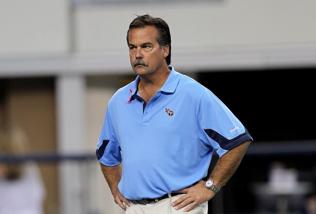 ARLINGTON, TX - OCTOBER 10:  Head coach Jeff Fisher of the Tennessee Titans watches warmups for the game with the Dallas Cowboys at Cowboys Stadium on October 10, 2010 in Arlington, Texas.  (Photo by Stephen Dunn/Getty Images)