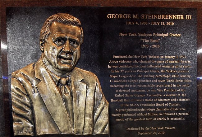 NEW YORK - SEPTEMBER 20: The monument of late owner of the New York Yankees George Steinbrenner is seen prior to the game against the Tampa Bay Rays on September 20, 2010 at Yankee Stadium in the Bronx borough of New York City.  (Photo by Jim McIsaac/Getty Images)