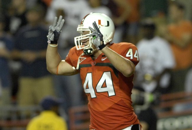 MIAMI, FL - SEPTEMBER 20: Linebacker Colin McCarthy #44 of the University of Miami  Hurricanes celebrates a defensive play against the Texas A&M Aggies at the Orange Bowl on September 20, 2007 in Miami, Florida.  Miami won 31-17.  (Photo by Al Messerschmidt/Getty Images) *** Local Caption ***Colin McCarthy