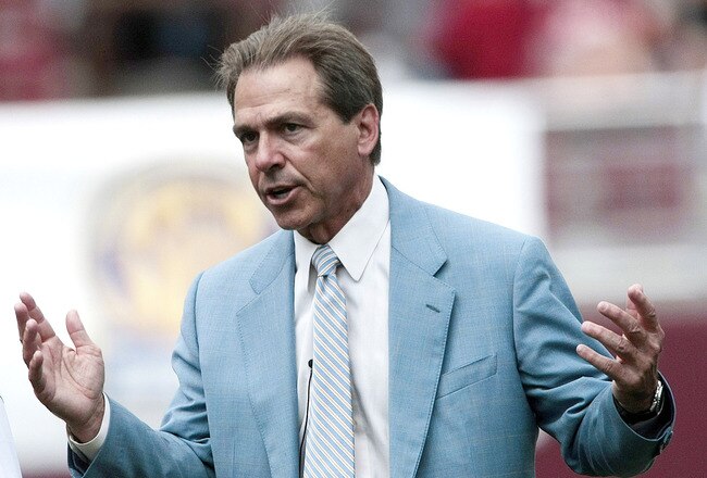 TUSCALOOSA, AL - APRIL 17: Coach Nick Saban of the Alabama Crimson Tide watches his team during the Alabama spring game at Bryant Denny Stadium on April 17, 2010 in Tuscaloosa, Alabama. (Photo by Dave Martin/Getty Images)