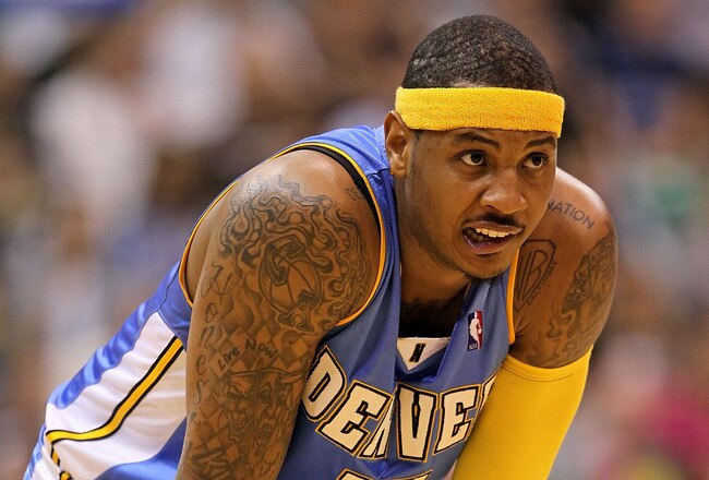 SALT LAKE CITY - APRIL 25:  Carmelo Anthony #15 of the Denver Nuggets is pictured after being called for a foul against the Utah Jazz during  Game Four of the Western Conference Quarterfinals of the 2010 NBA Playoffs at EnergySolutions Arena on April 25, 2010 in Salt Lake City, Utah. NOTE TO USER: User expressly acknowledges and agrees that, by downloading and or using this photograph, User is consenting to the terms and conditions of the Getty Images License Agreement.  (Photo by Andy Lyons/Getty Images)
