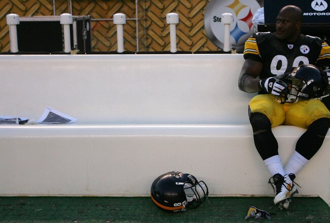 PITTSBURGH - DECEMBER 6: James Harrison #92 of the Pittsburgh Steelers sits on the bench following their loss to the Oakland Raiders on December 6, 2009 at Heinz Field in Pittsburgh, Pennsylvania. (Photo by Jared Wickerham/Getty Images)