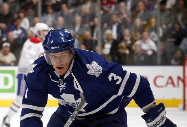 TORONTO, CANADA - OCTOBER 07: Dion Phaneuf #3 of the Toronto Maple Leafs skates up the ice during a regular season NHL game against the Montreal Canadiens at the Air Canada Centre October 7, 2010 in Toronto, Ontario, Canada. (Photo by Abelimages/Getty Images)
