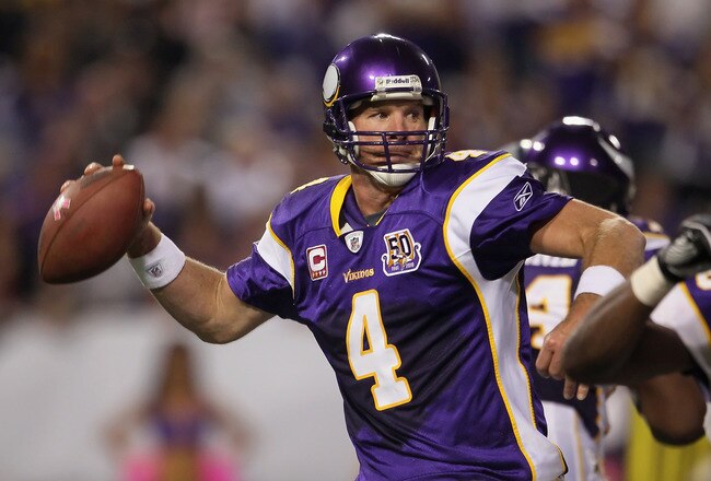 MINNEAPOLIS - OCTOBER 17:  Quarterback Brett Favre #4 of the Minnesota Vikings drops back to pass during the fourth quarter against the Dallas Cowboys at Mall of America Field on October 17, 2010 in Minneapolis, Minnesota. The Vikings defeated the Cowboys 24-21.  (Photo by Jeff Gross/Getty Images)