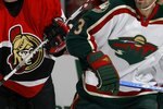 OTTAWA, CANADA - NOVEMBER 20: Keith Carney #3 of the Minnesota Wild skates against Christoph Schubert of the Ottawa Senators on November 20, 2006 at the Scotiabank Place in Ottawa, Canada. The Senators won 5-3. (Photo by Phillip MacCallum/Getty Images)