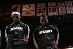 MIAMI - OCTOBER 12:  Forward LeBron James #6 and Dwyane Wade #3 of the Miami Heat prior to playing CSKA Moskow on October 12, 2010 in Miami, Florida.  NOTE TO USER: User expressly acknowledges and agrees that, by downloading and or using this photograph, User is consenting to the terms and conditions of the Getty Images License Agreement.  (Photo by Marc Serota/Getty Images)