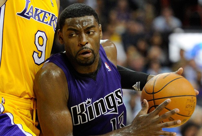 LAS VEGAS - OCTOBER 13:  Tyreke Evans #13 of the Sacramento Kings drives against Matt Barnes #9 of the Los Angeles Lakers during their preseason game at the Thomas & Mack Center October 13, 2010 in Las Vegas, Nevada. The Lakers won 98-95. NOTE TO USER: User expressly acknowledges and agrees that, by downloading and/or using this Photograph, user is consenting to the terms and conditions of the Getty Images License Agreement.  (Photo by Ethan Miller/Getty Images)