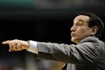 GREENSBORO, NC - MARCH 13:  Mike Krzyzewski, head coach of the Duke Blue Devils gestures against the University of Miami Hurricanes in their semifinal game in the 2010 ACC Men's Basketball Tournament at the Greensboro Coliseum on on March 13, 2010 in Greensboro, North Carolina.  (Photo by Jeff Zelevansky/Getty Images)