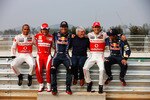 YEONGAM-GUN, SOUTH KOREA - OCTOBER 21:  (L-R) Lewis Hamilton of Great Britain and McLaren Mercedes, Fernando Alonso of Spain and Ferrari, Mark Webber of Australia and Red Bull Racing, F1 supremo Bernie Ecclestone, Jenson Button of Great Britain and McLaren Mercedes and Sebastian Vettel of Germany and Red Bull Racing pose for a photograph during previews to the Korean Formula One Grand Prix at the Korea International Circuit on October 21, 2010 in Yeongam-gun, South Korea.  (Photo by Mark Thompson/Getty Images)