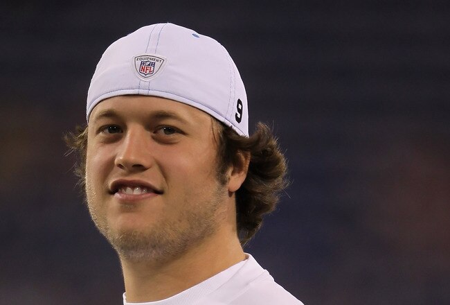 MINNEAPOLIS - SEPTEMBER 26:  Quarterback Matthew Stafford #9 of the Detroit Lions looks on prior to the start of the game against the Minnesota Vikings at Mall of America Field on September 26, 2010 in Minneapolis, Minnesota.  (Photo by Jeff Gross/Getty Images)