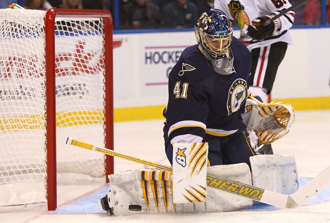 ST. LOUIS - OCTOBER 22: Jaroslav Halak #41 of the St. Louis Blues makes a save against the Chicago Blackhawks at the Scottrade Center on October 22, 2010 in St. Louis, Missouri.  (Photo by Dilip Vishwanat/Getty Images)