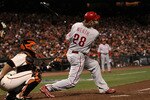SAN FRANCISCO - OCTOBER 21:  Jayson Werth #28 of the Philadelphia Phillies hits a solo homerun off Ramon Ramirez #52 of the San Francisco Giants in the ninth inning of Game Five of the NLCS during the 2010 MLB Playoffs at AT&T Park on October 21, 2010 in San Francisco, California.  (Photo by Justin Sullivan/Getty Images)